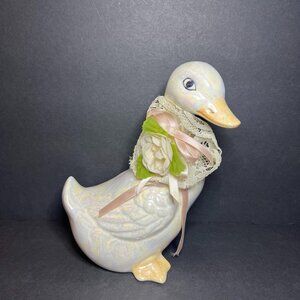 Vintage Iridescent Porcelain Decorative Floral Lace Embellished Goose Figure 7"